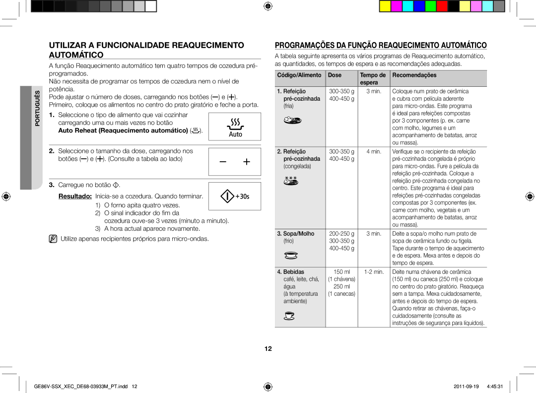 Samsung GE86V-BBX/XEC Utilizar a funcionalidade reaquecimento automático, Programações da função Reaquecimento automático 