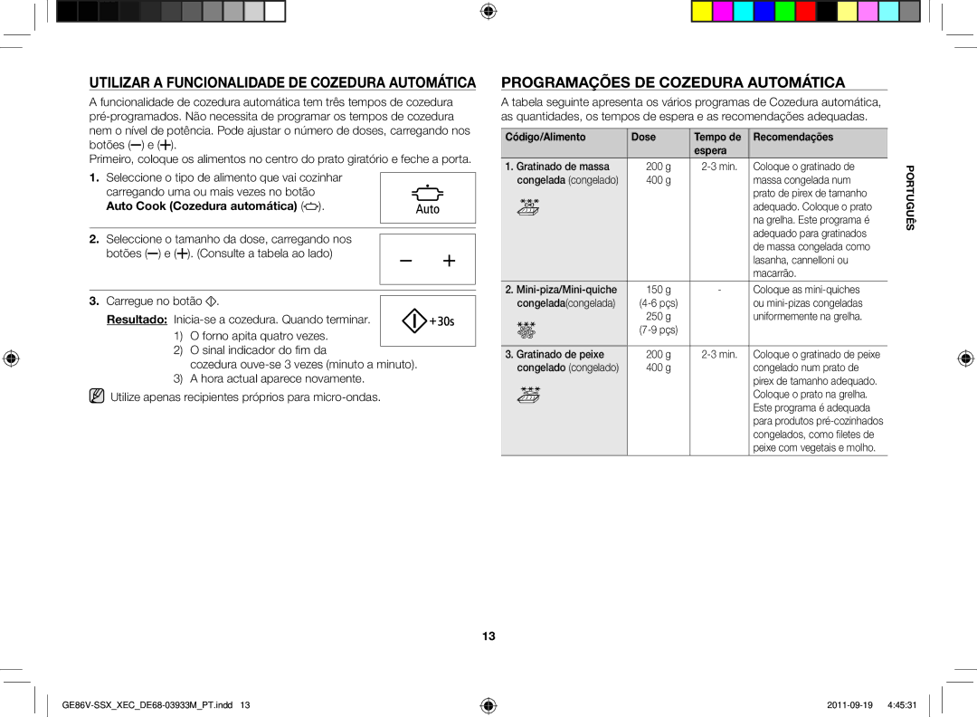 Samsung GE86V-SSX/XEC, GE86V-SS/XEC Utilizar a funcionalidade de cozedura automática, Programações de cozedura automática 