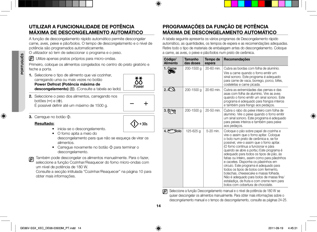 Samsung GE86V-SS/XEC, GE86V-SSX/XEC manual Costeletas e carne picada, Também para frango aos pedaços, Peixe, Aos pedaços 