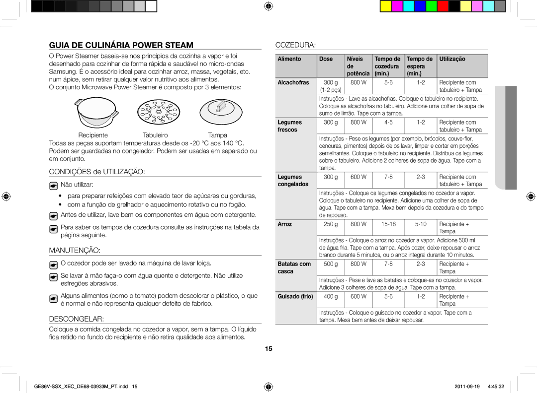 Samsung GE86V-BBX/XEC, GE86V-SSX/XEC manual Guia de culinária power steam, Manutenção, Descongelar, Cozedura, Não utilizar 