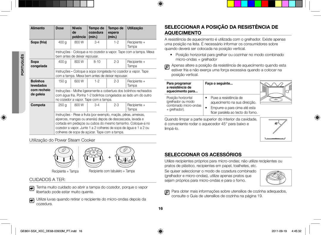 Samsung GE86V-SSX/XEC manual Seleccionar a posição da resistência de aquecimento, Seleccionar os acessórios, Cuidados a TER 