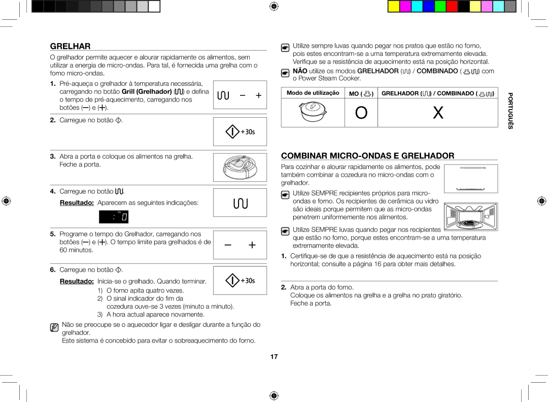 Samsung GE86V-SS/XEC, GE86V-SSX/XEC, GE86V-BBX/XEC manual Grelhar, Combinar micro-ondas e grelhador, Grelhador 