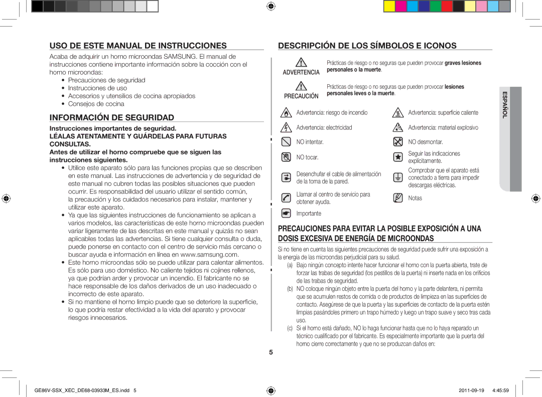 Samsung GE86V-BBX/XEC, GE86V-SSX/XEC Información de seguridad, Utilizar este aparato, Notas, Incorrecto de este aparato 