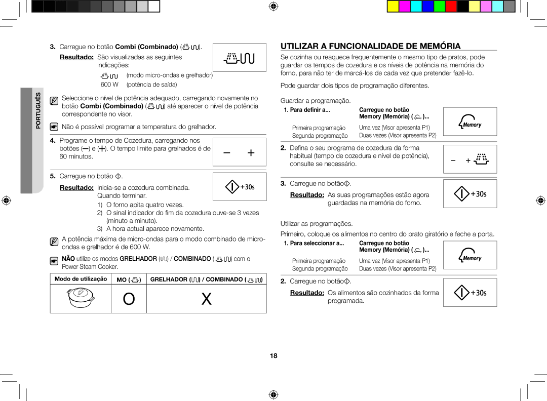 Samsung GE86V-BBX/XEC manual Utilizar a funcionalidade de memória, Pode guardar dois tipos de programação diferentes 