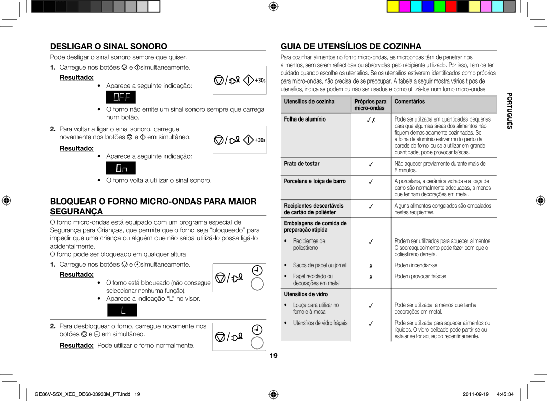 Samsung GE86V-SSX/XEC, GE86V-SS/XEC manual Desligar o sinal sonoro, Bloquear o forno micro-ondas para maior segurança 