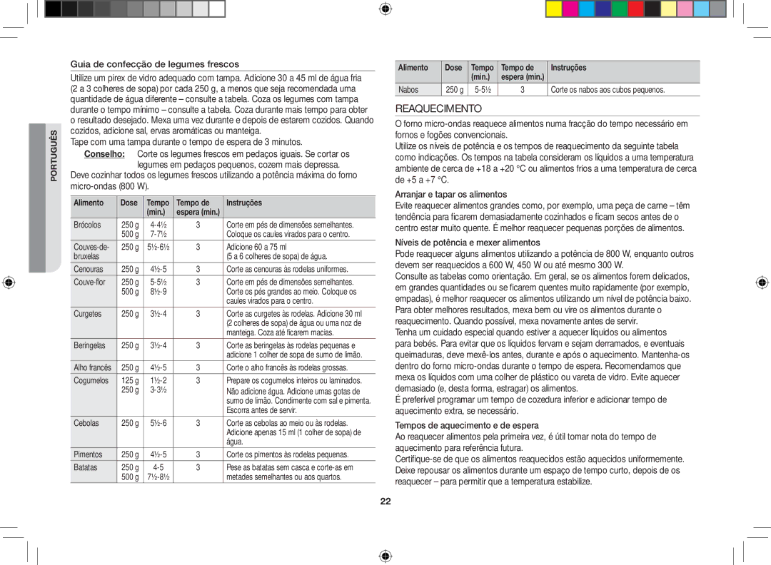 Samsung GE86V-SSX/XEC manual Reaquecimento, Guia de confecção de legumes frescos, Níveis de potência e mexer alimentos 