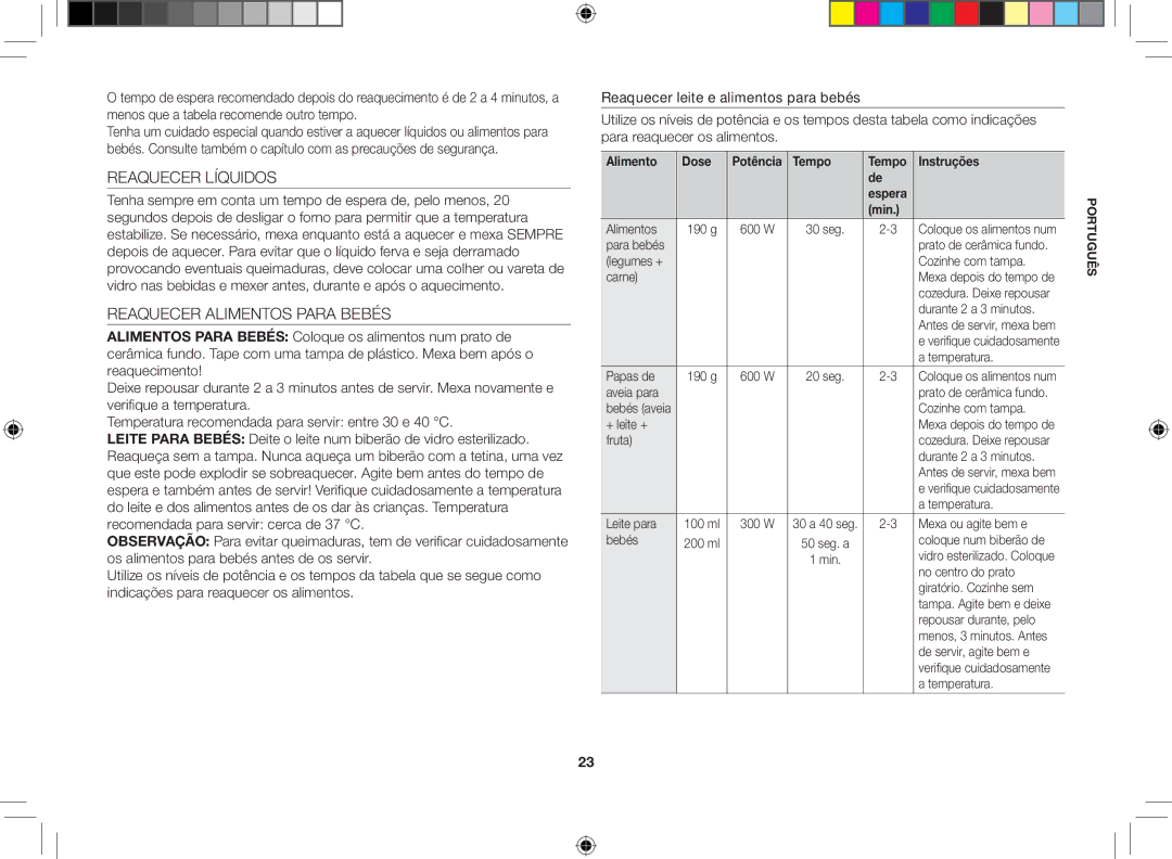 Samsung GE86V-SS/XEC, GE86V-SSX/XEC, GE86V-BBX/XEC Reaquecer Líquidos, Reaquecer Alimentos Para Bebés, Tempo Instruções 