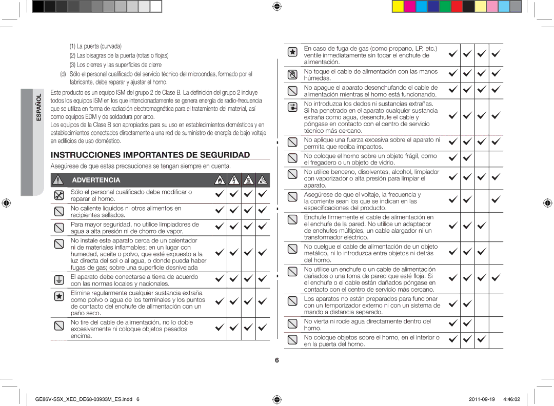 Samsung GE86V-SSX/XEC, GE86V-SS/XEC, GE86V-BBX/XEC manual Instrucciones importantes de seguridad, Advertencia 