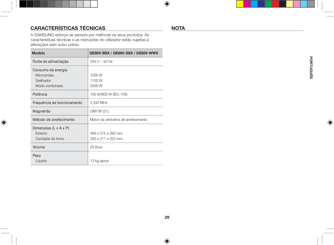 Samsung GE86V-SS/XEC, GE86V-SSX/XEC, GE86V-BBX/XEC manual Características técnicas Nota, Modelo 