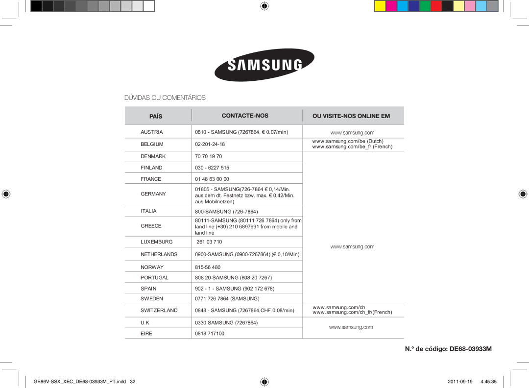 Samsung GE86V-SS/XEC, GE86V-SSX/XEC, GE86V-BBX/XEC manual De código DE68-03933M 