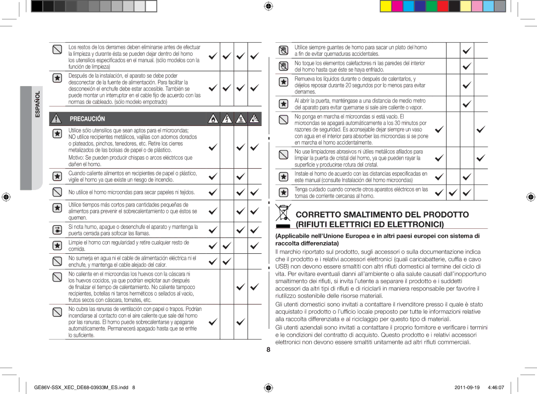 Samsung GE86V-BBX/XEC, GE86V-SSX/XEC, GE86V-SS/XEC manual Precaución 