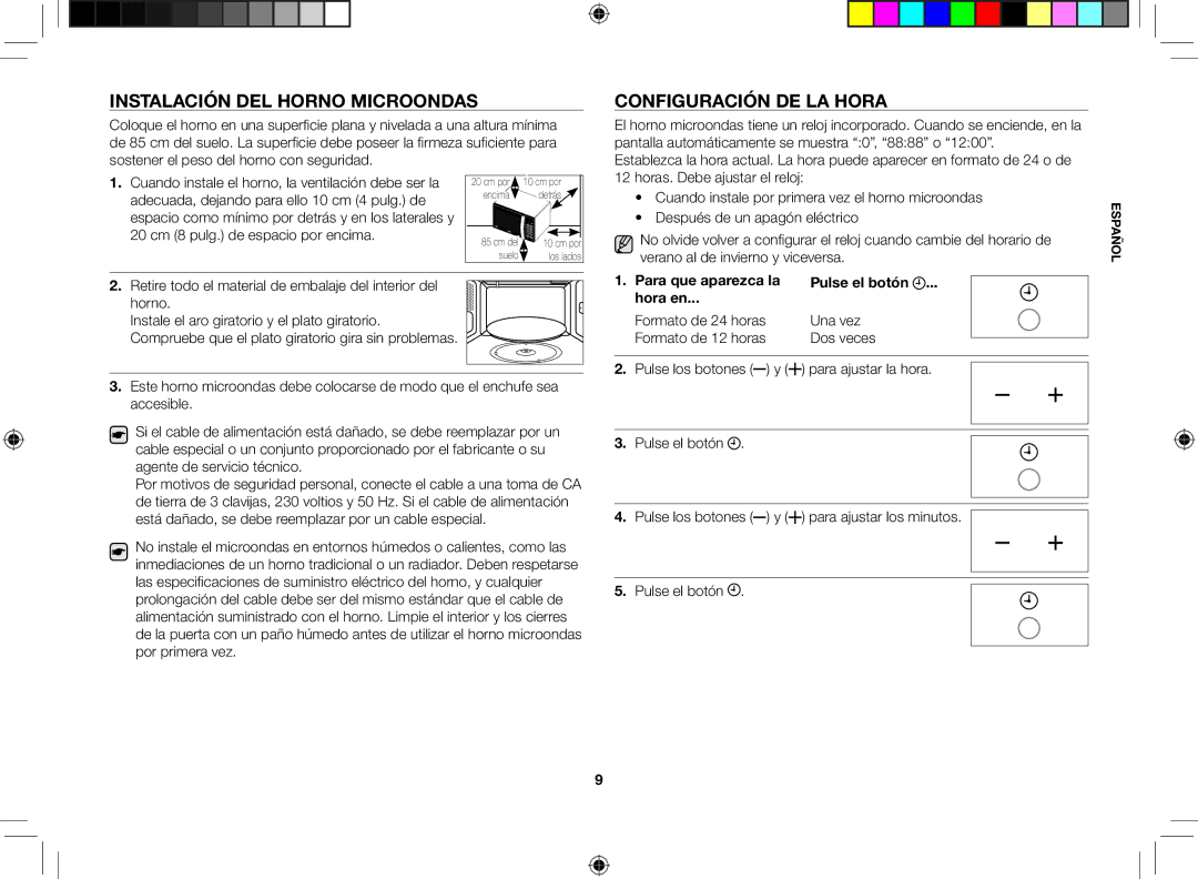 Samsung GE86V-SSX/XEC, GE86V-SS/XEC, GE86V-BBX/XEC manual Instalación del horno microondas, Configuración de la hora 