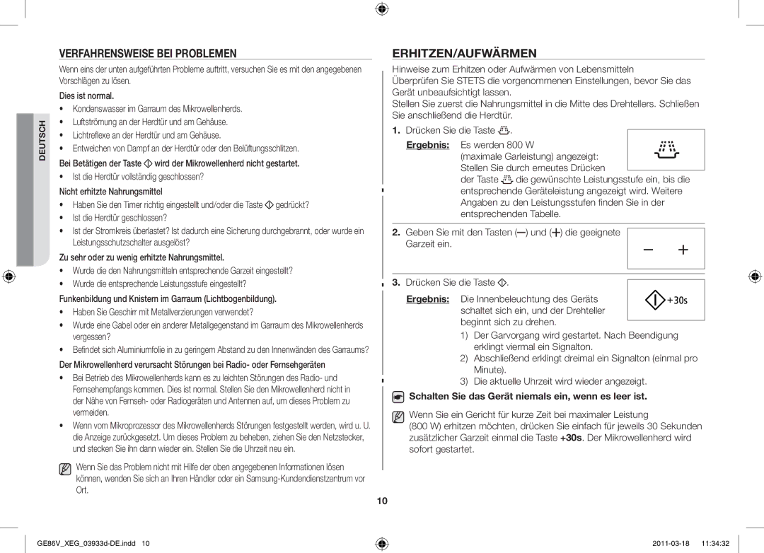 Samsung GE86V-S/XEG manual Verfahrensweise bei Problemen, Erhitzen/Aufwärmen, Ist die Herdtür geschlossen? 