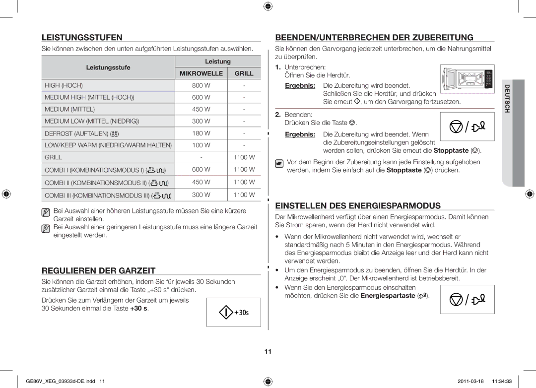 Samsung GE86V-S/XEG manual Leistungsstufen, Regulieren der Garzeit, Beenden/Unterbrechen der Zubereitung 