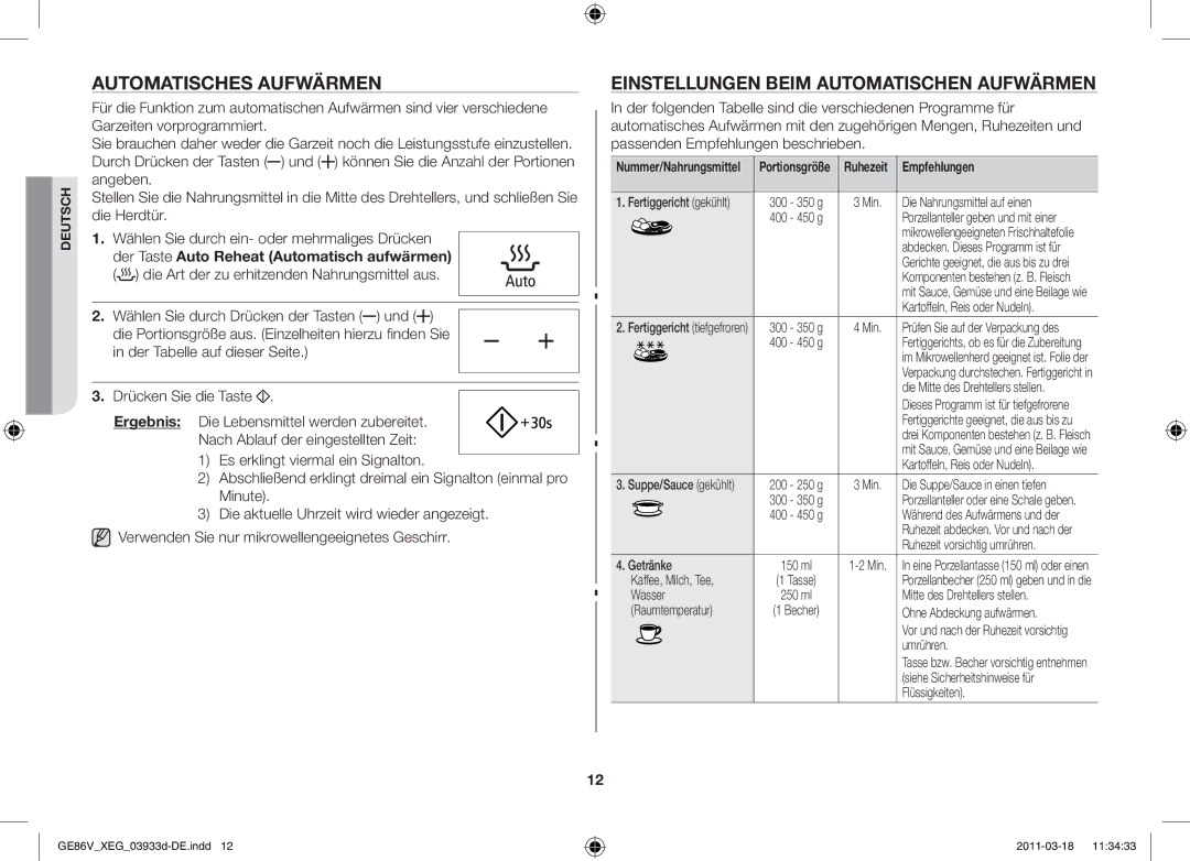 Samsung GE86V-S/XEG manual Automatisches Aufwärmen, Einstellungen beim automatischen Aufwärmen, Ruhezeit Empfehlungen 