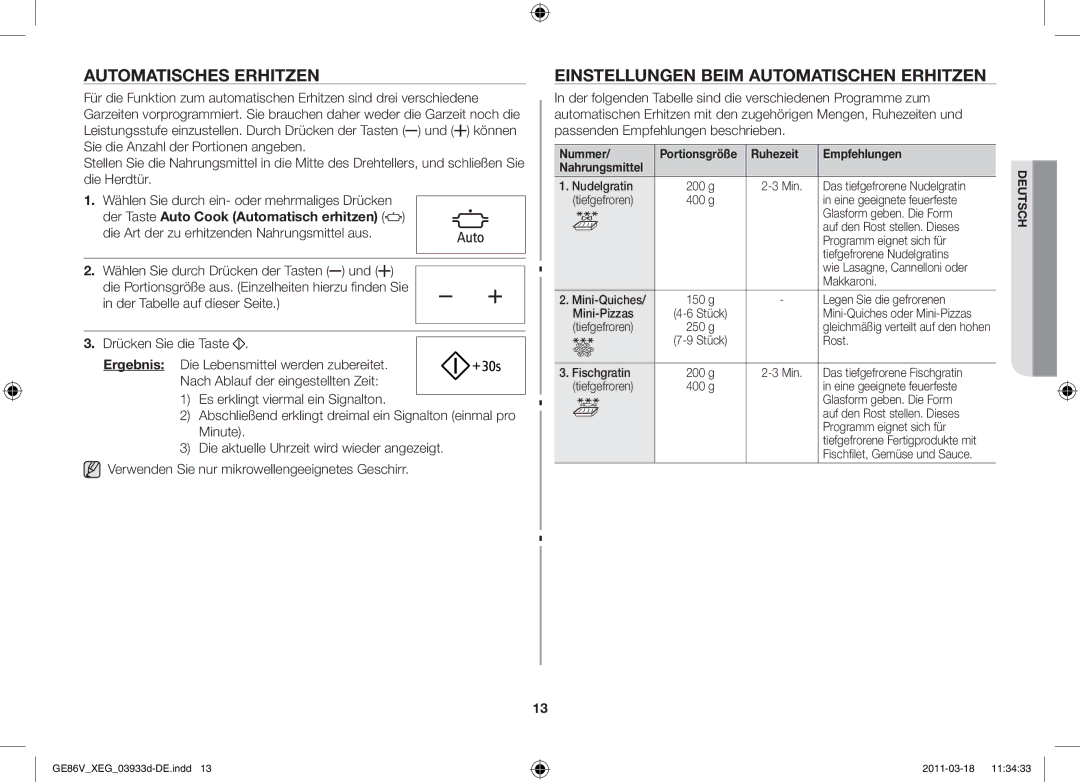 Samsung GE86V-S/XEG manual Automatisches Erhitzen, Einstellungen beim automatischen Erhitzen 