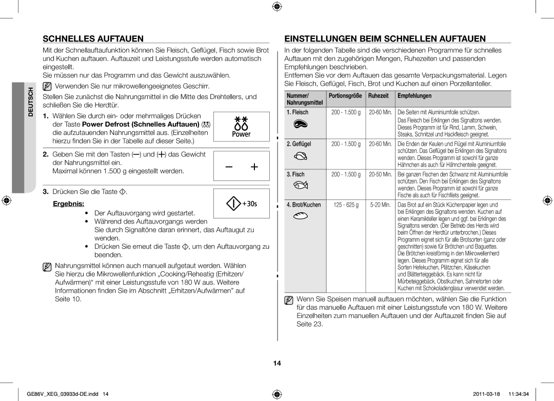 Samsung GE86V-S/XEG manual Schnelles Auftauen, Einstellungen beim schnellen Auftauen, Ergebnis, Nummer 