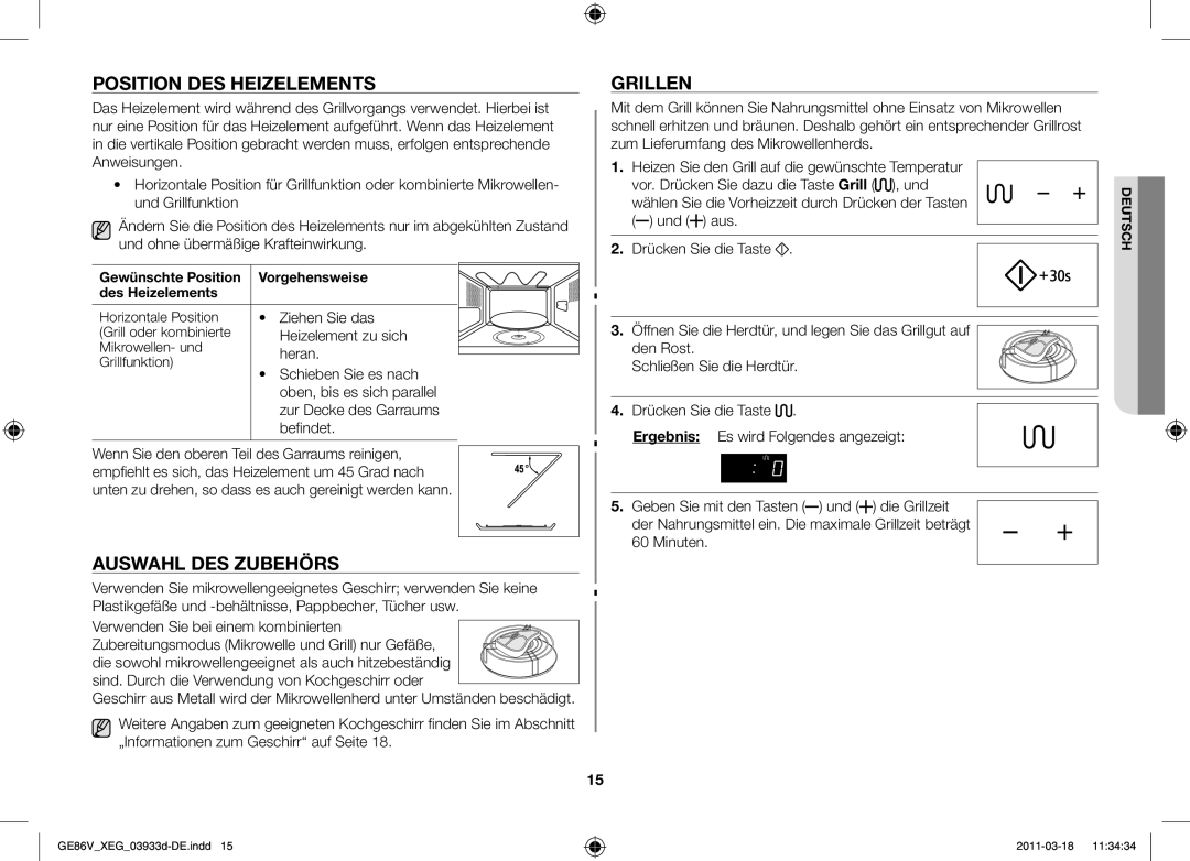 Samsung GE86V-S/XEG manual Position des Heizelements, Auswahl des Zubehörs, Grillen 