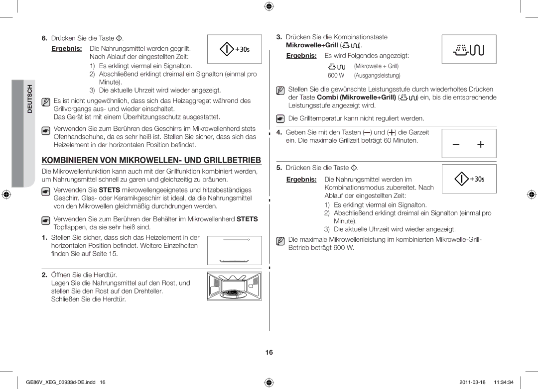 Samsung GE86V-S/XEG Kombinieren von Mikrowellen- und Grillbetrieb, Mikrowelle+Grill, Mikrowelle + Grill Ausgangsleistung 