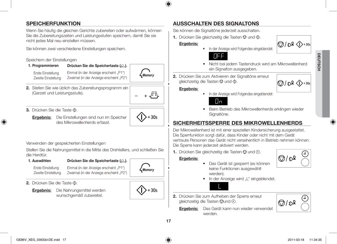 Samsung GE86V-S/XEG Speicherfunktion, Ausschalten des Signaltons, Sicherheitssperre des Mikrowellenherds, Programmieren 