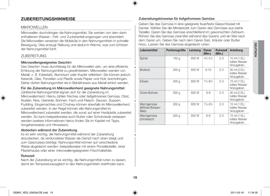 Samsung GE86V-S/XEG manual Zubereitungshinweise, Mikrowellen 