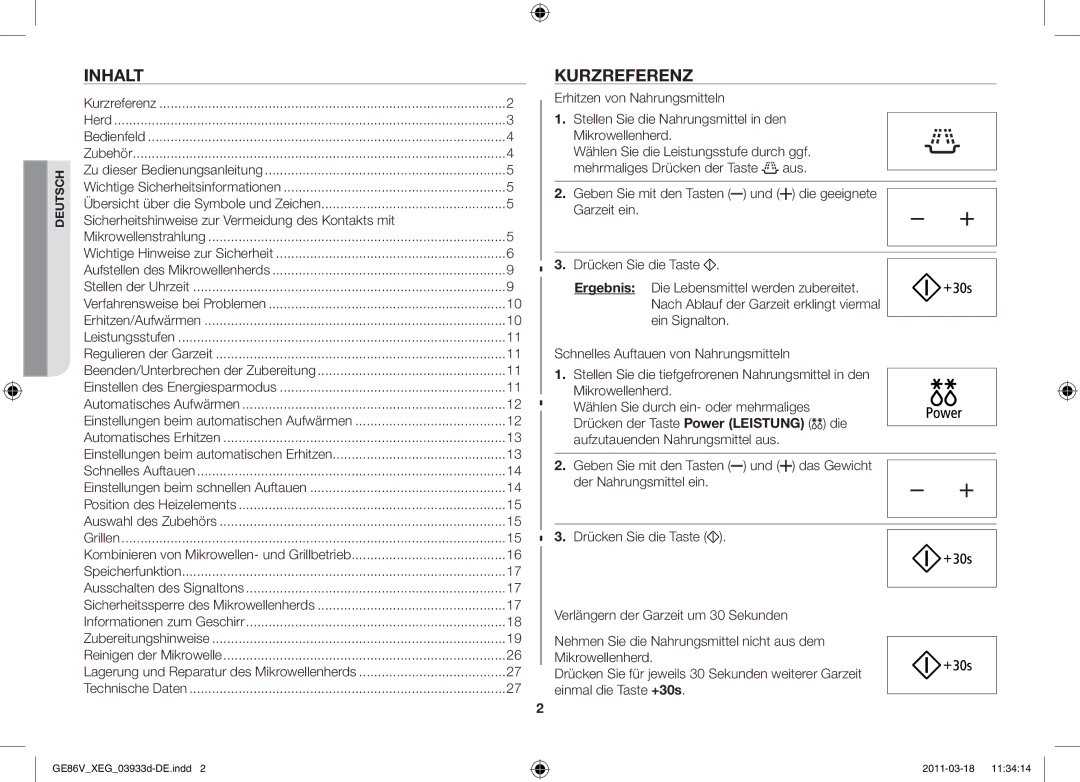 Samsung GE86V-S/XEG manual Inhalt, Kurzreferenz, Sicherheitshinweise zur Vermeidung des Kontakts mit 