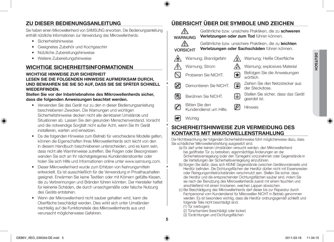 Samsung GE86V-S/XEG manual Zu dieser Bedienungsanleitung, Wichtige Sicherheitsinformationen 