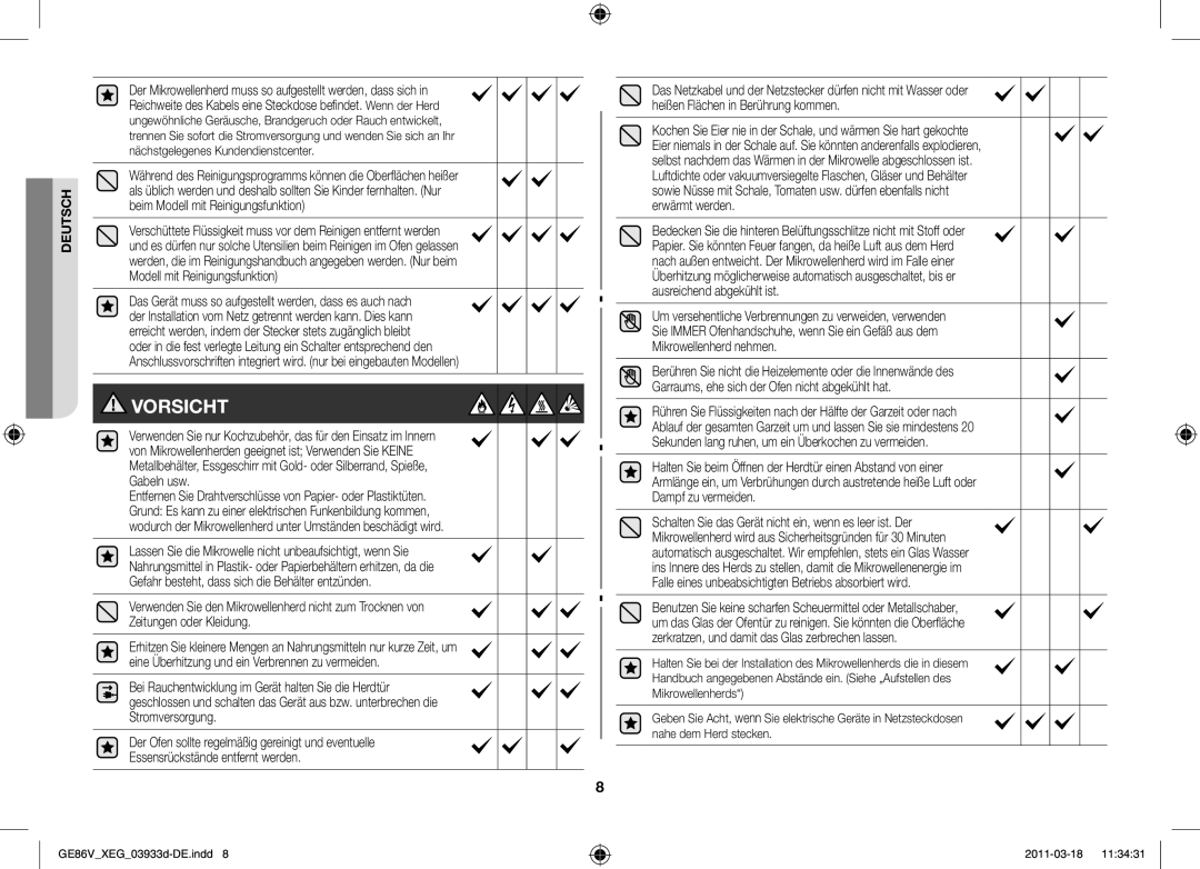 Samsung GE86V-S/XEG manual Vorsicht 