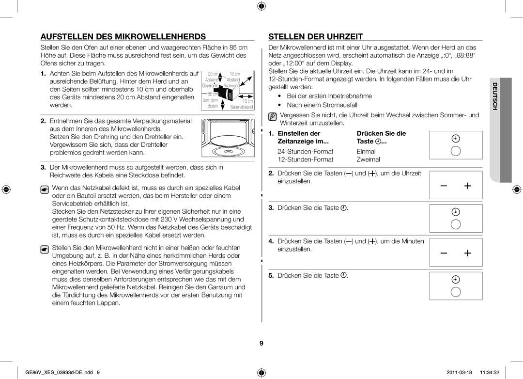 Samsung GE86V-S/XEG manual Aufstellen des Mikrowellenherds, Stellen der Uhrzeit, Einzustellen 