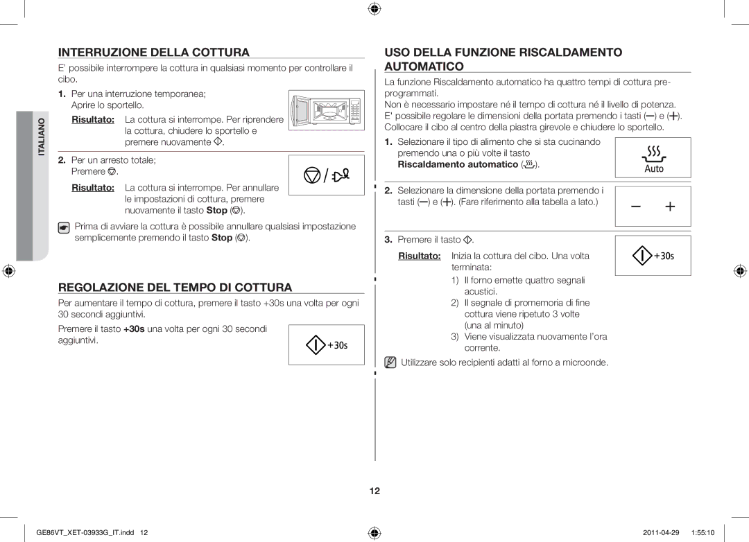 Samsung GE86VT-SSH/XET, GE86VT-SS/XET, GE86VT-BBF/XET manual Interruzione della cottura, Regolazione del tempo di cottura 