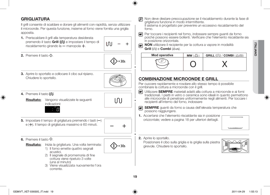 Samsung GE86VT-SSF/XET, GE86VT-SSH/XET, GE86VT-SS/XET manual Grigliatura, Combinazione microonde e grill, Mod operativa 