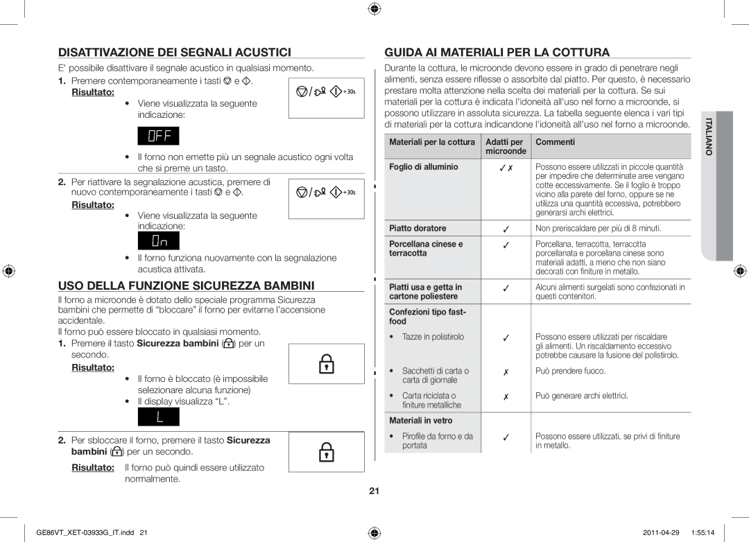 Samsung GE86VT-SS/XET, GE86VT-SSH/XET manual Disattivazione dei segnali acustici, Uso della funzione Sicurezza bambini 