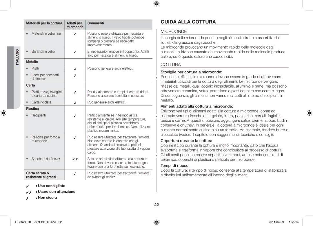 Samsung GE86VT-BBF/XET, GE86VT-SSH/XET, GE86VT-SS/XET, GE86VT-SSF/XET manual Guida alla cottura, Microonde 