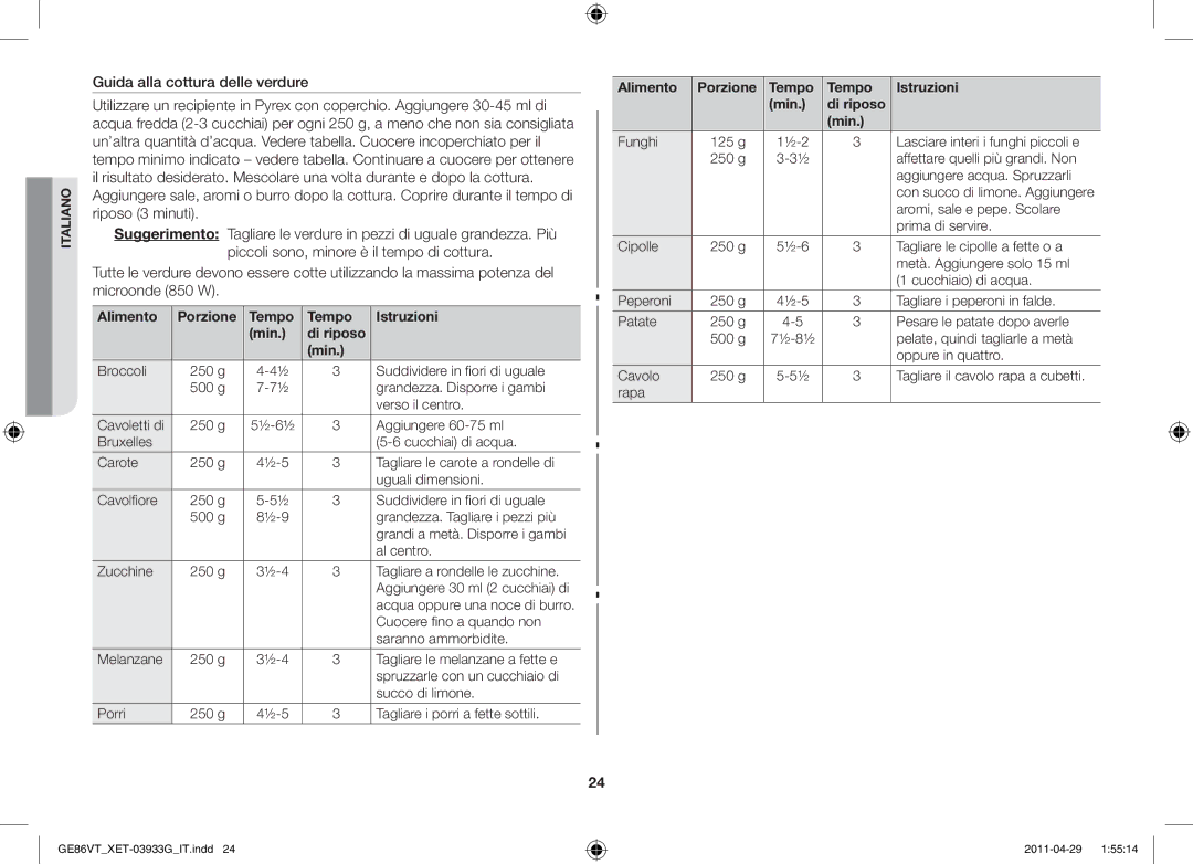 Samsung GE86VT-SSH/XET, GE86VT-SS/XET, GE86VT-BBF/XET, GE86VT-SSF/XET manual Alimento Porzione Tempo Istruzioni Min 