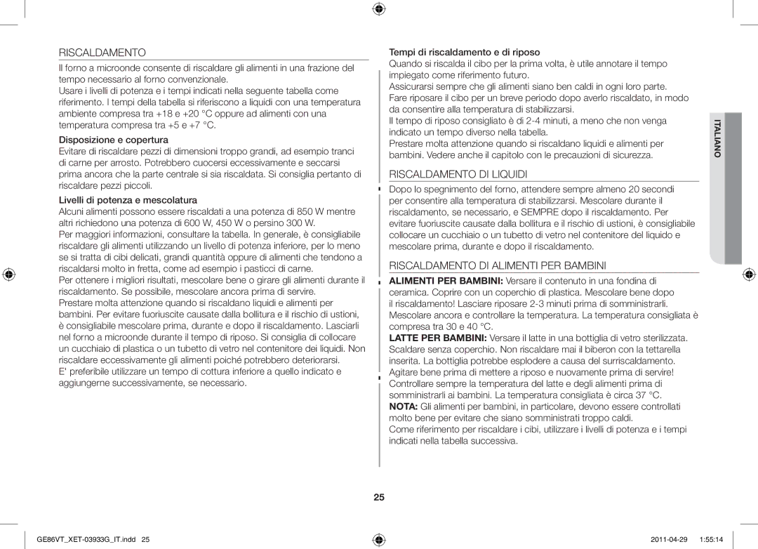 Samsung GE86VT-SS/XET, GE86VT-SSH/XET, GE86VT-BBF/XET Riscaldamento DI Liquidi, Riscaldamento DI Alimenti PER Bambini 