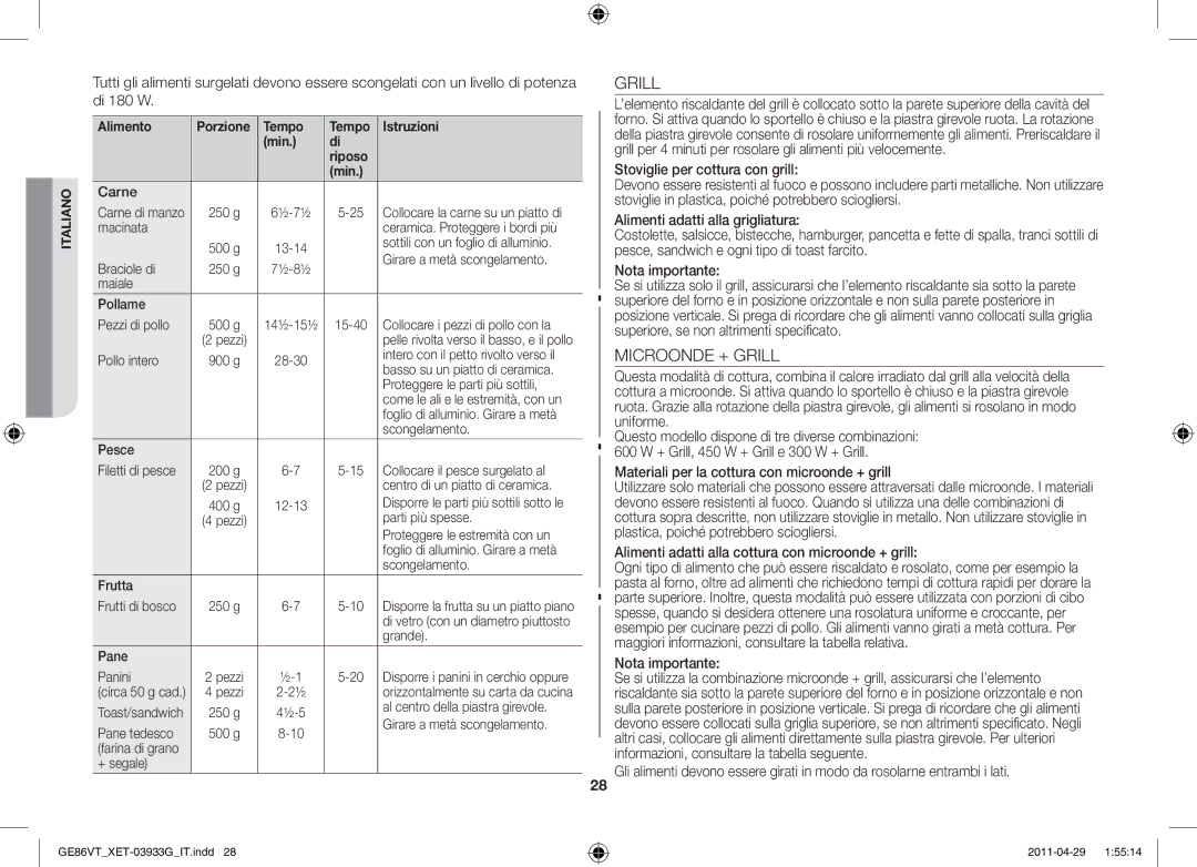 Samsung GE86VT-SSH/XET, GE86VT-SS/XET manual Microonde + Grill, Alimenti adatti alla cottura con microonde + grill 