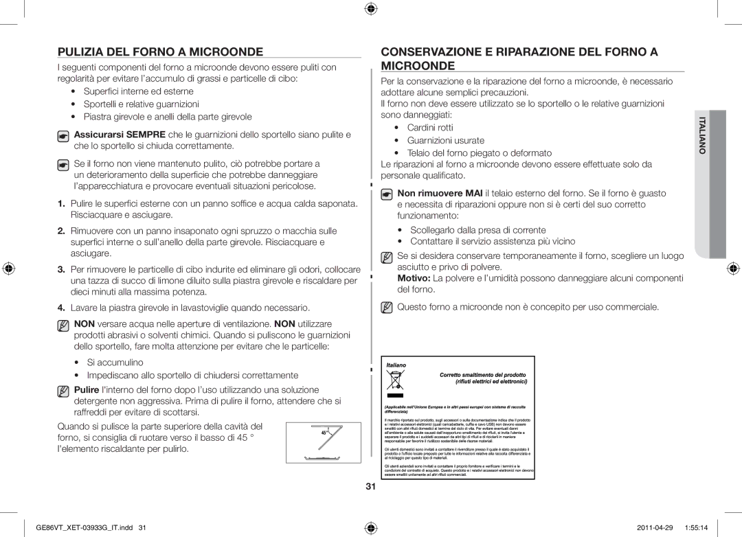 Samsung GE86VT-SSF/XET, GE86VT-SSH/XET Pulizia del forno a microonde, Conservazione e riparazione del forno a microonde 