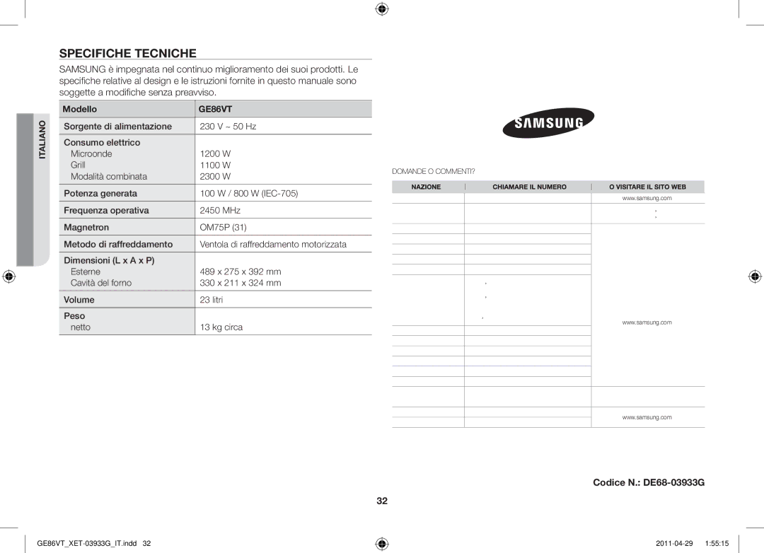 Samsung GE86VT-SSH/XET, GE86VT-SS/XET, GE86VT-BBF/XET, GE86VT-SSF/XET manual Specifiche tecniche, Modello 