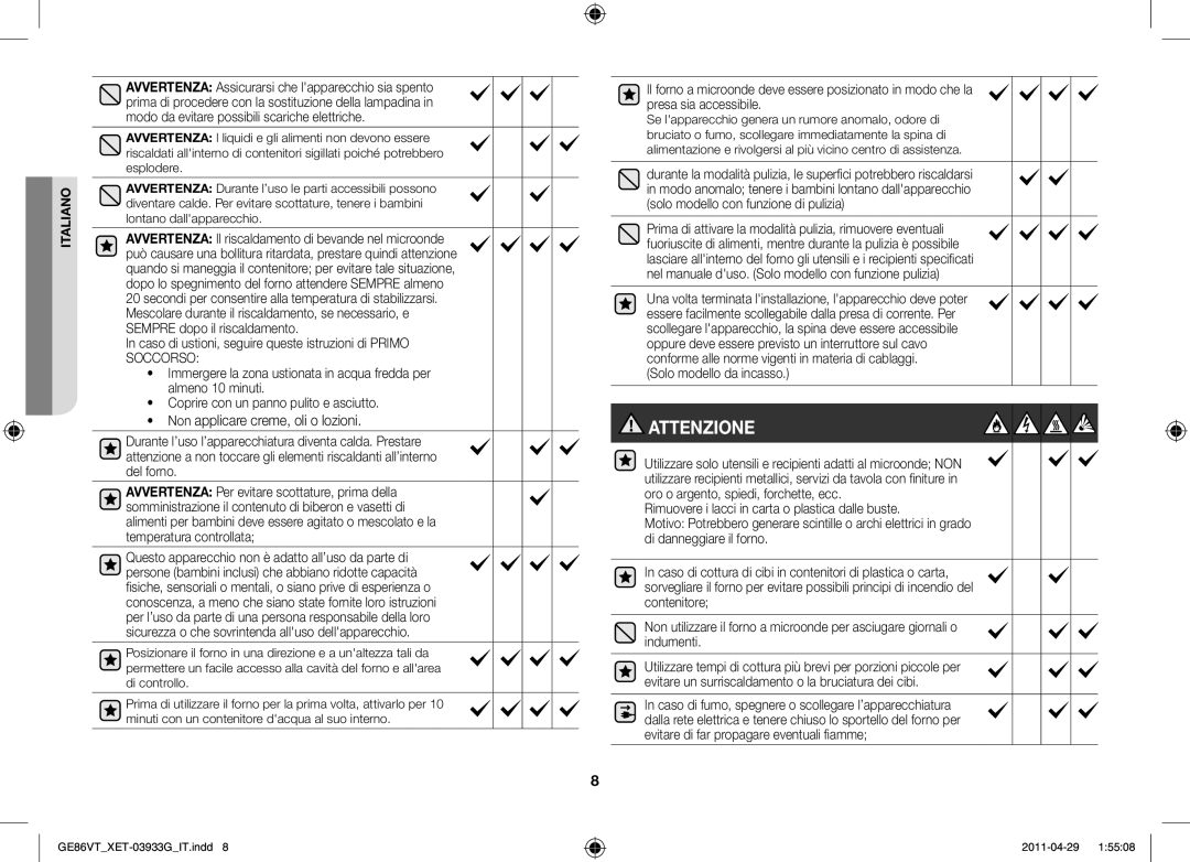 Samsung GE86VT-SSH/XET, GE86VT-SS/XET, GE86VT-BBF/XET manual Non applicare creme, oli o lozioni, Solo modello da incasso 