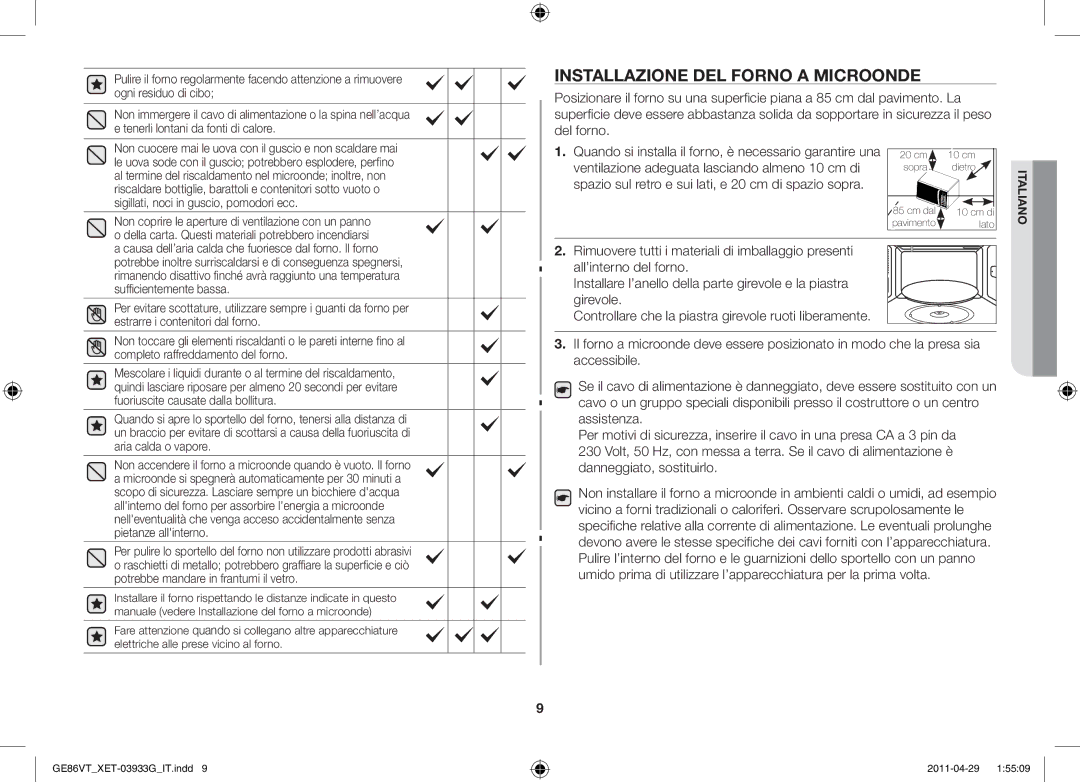 Samsung GE86VT-SS/XET, GE86VT-SSH/XET Installazione del forno a microonde, Ventilazione adeguata lasciando almeno 10 cm di 