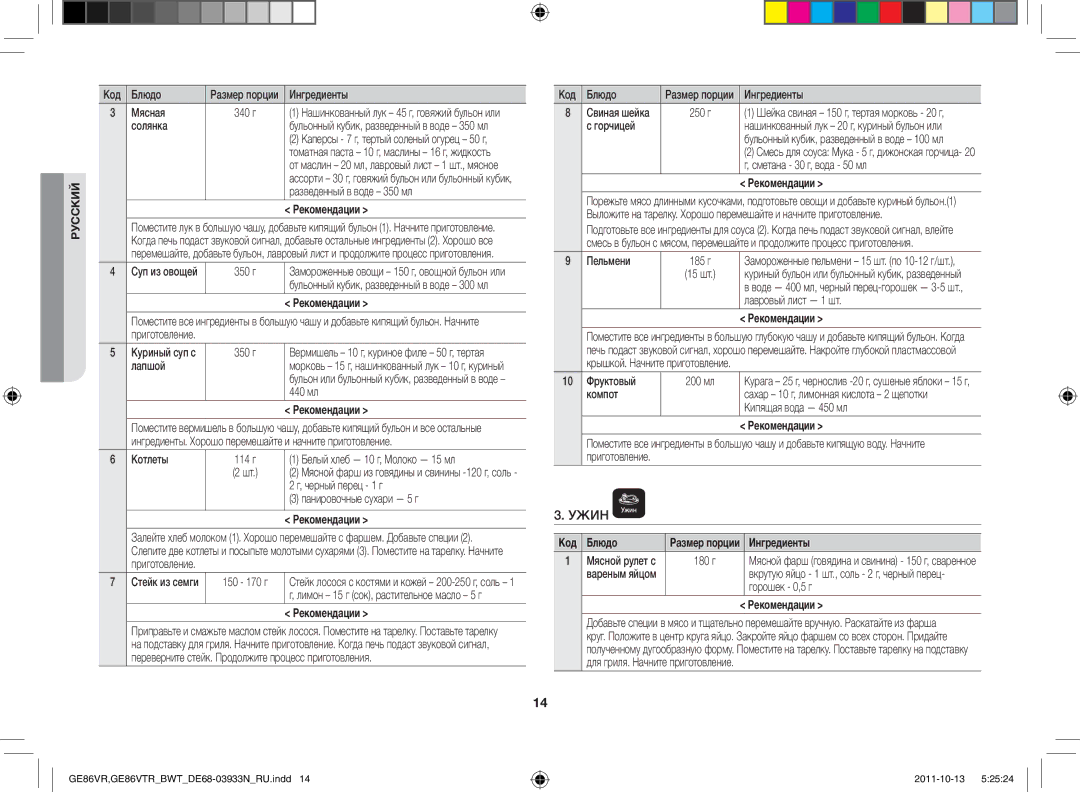 Samsung GE86VTRBBH/BWT, GE86VTRSSH/BWT, GE86VTRWWH/BWT, GE86VR-WWH/BWT, GE86VR-SSH/BWT manual Ужин, Код Блюдо, Ингредиенты 