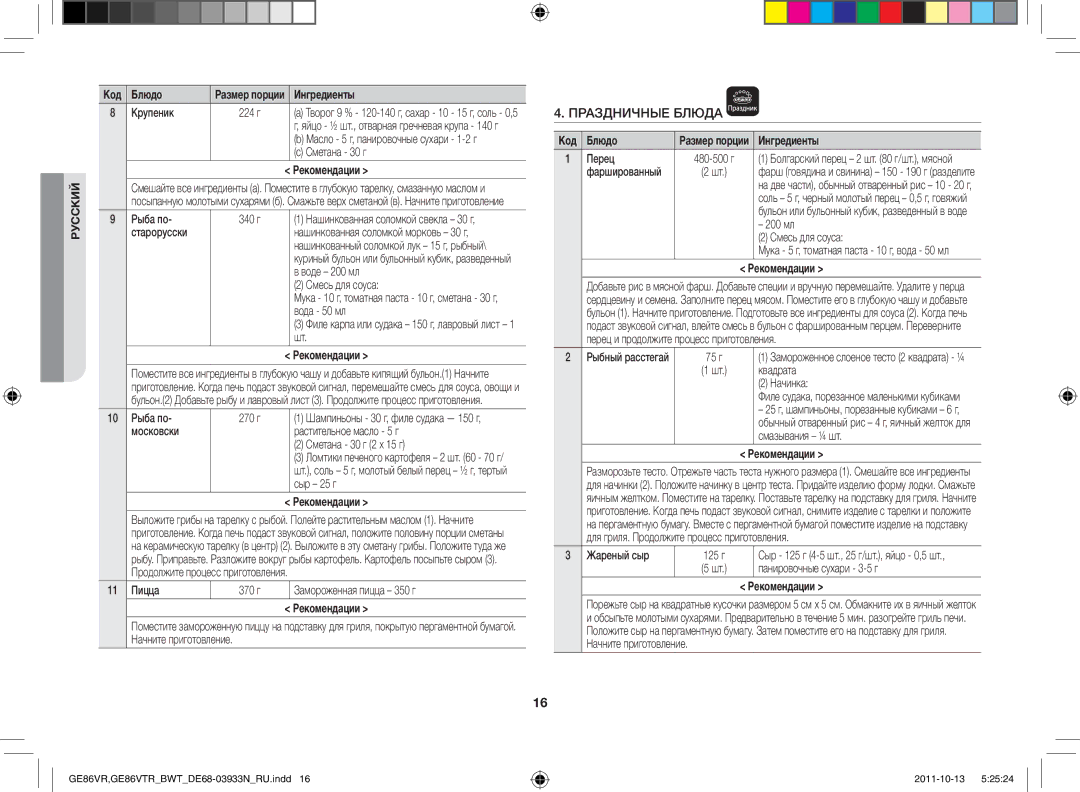 Samsung GE86VTRWWH/BWT, GE86VTRSSH/BWT, GE86VR-WWH/BWT, GE86VR-SSH/BWT, GE86VTRBBH/BWT manual Праздничные Блюда 