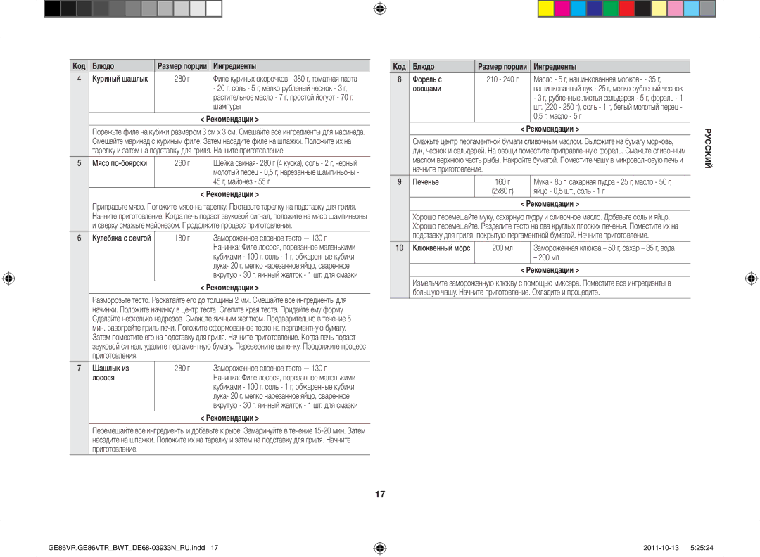 Samsung GE86VR-WWH/BWT manual 45 г, майонез 55 г, Шашлык из 280 г, Лосося, Форель с, Печенье 160 г, Яйцо 0,5 шт., соль 1 г 