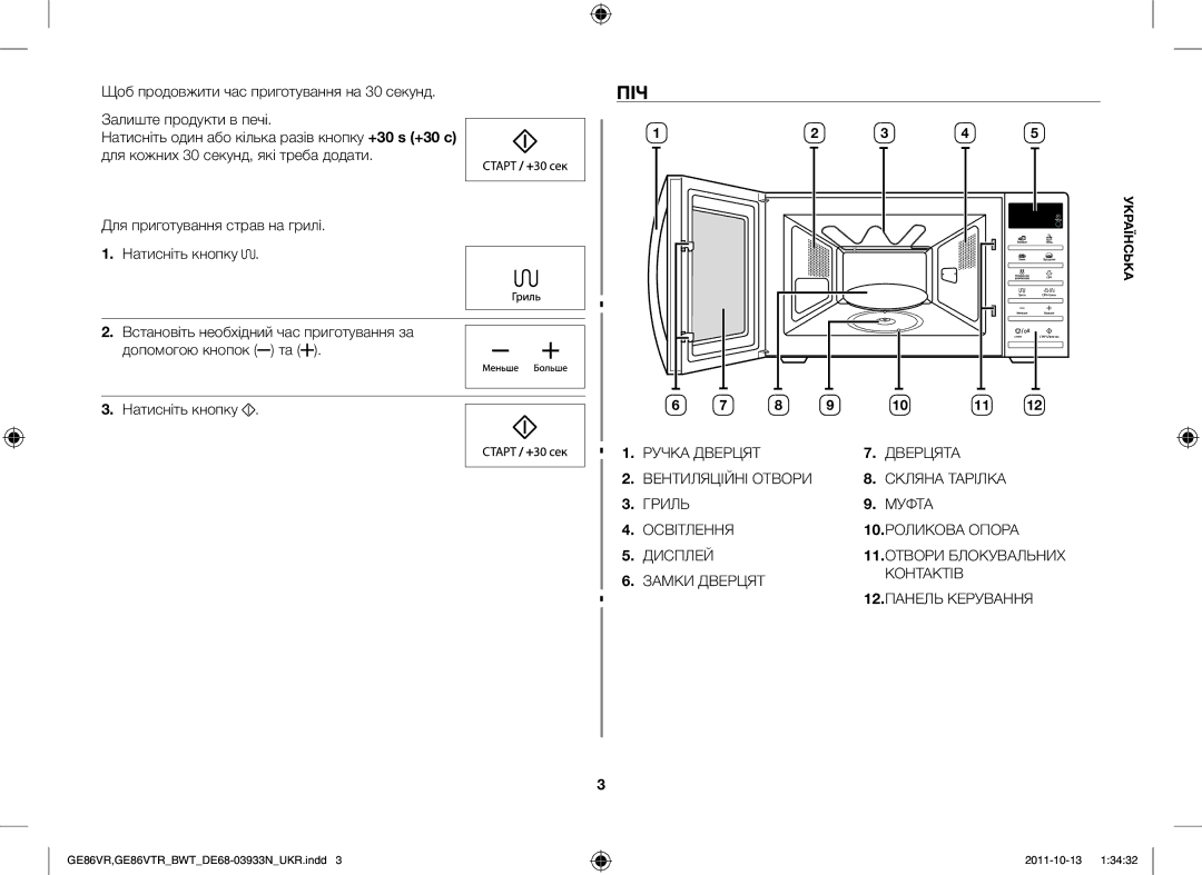 Samsung GE86VTRSSH/BWT, GE86VTRWWH/BWT, GE86VR-WWH/BWT, GE86VR-SSH/BWT manual Піч, Замки Дверцят Контактів 12.ПАНЕЛЬ Керування 