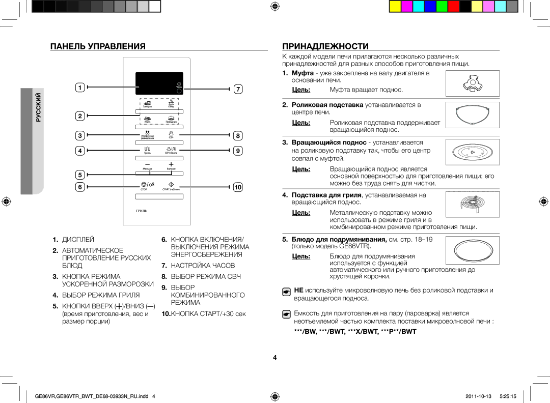 Samsung GE86VTRBBH/BWT, GE86VTRSSH/BWT, GE86VTRWWH/BWT, GE86VR-WWH/BWT, GE86VR-SSH/BWT manual Панель управления, Принадлежности 