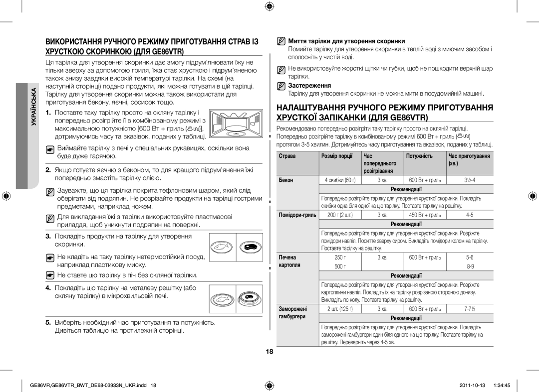 Samsung GE86VTRSSH/BWT, GE86VTRWWH/BWT, GE86VR-WWH/BWT, GE86VR-SSH/BWT Миття тарілки для утворення скоринки, Застереження 