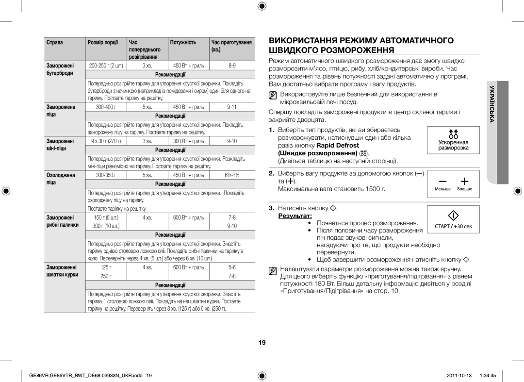 Samsung GE86VTRWWH/BWT, GE86VTRSSH/BWT, GE86VR-WWH/BWT manual Використання Режиму Автоматичного Швидкого Розмороження 