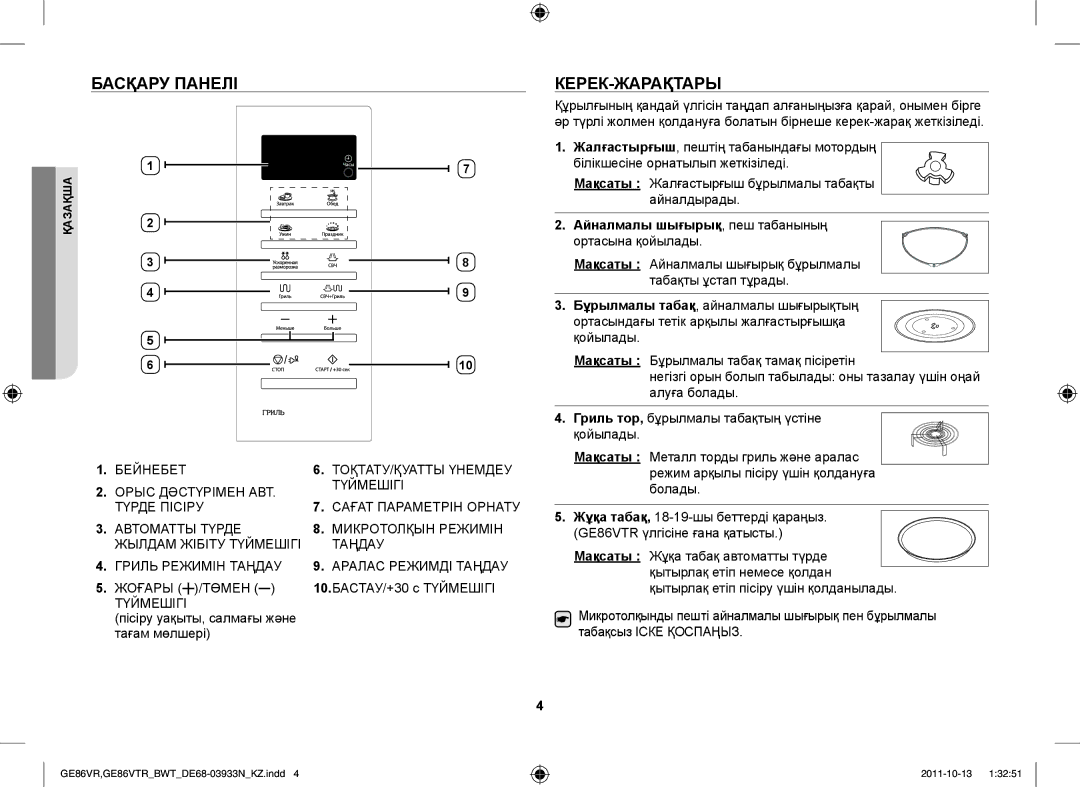 Samsung GE86VR-SSH/BWT manual Басқару Панелі, Керек-Жарақтары, Төмен, Айналмалы шығырық, пеш табанының ортасына қойылады 