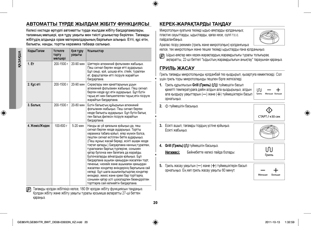 Samsung GE86VTRBBH/BWT, GE86VTRSSH/BWT manual Автоматты Түрде Жылдам Жібіту Функциясы, КЕРЕК-ЖАРАҚТАРДЫ Таңдау, Гриль Жасау 
