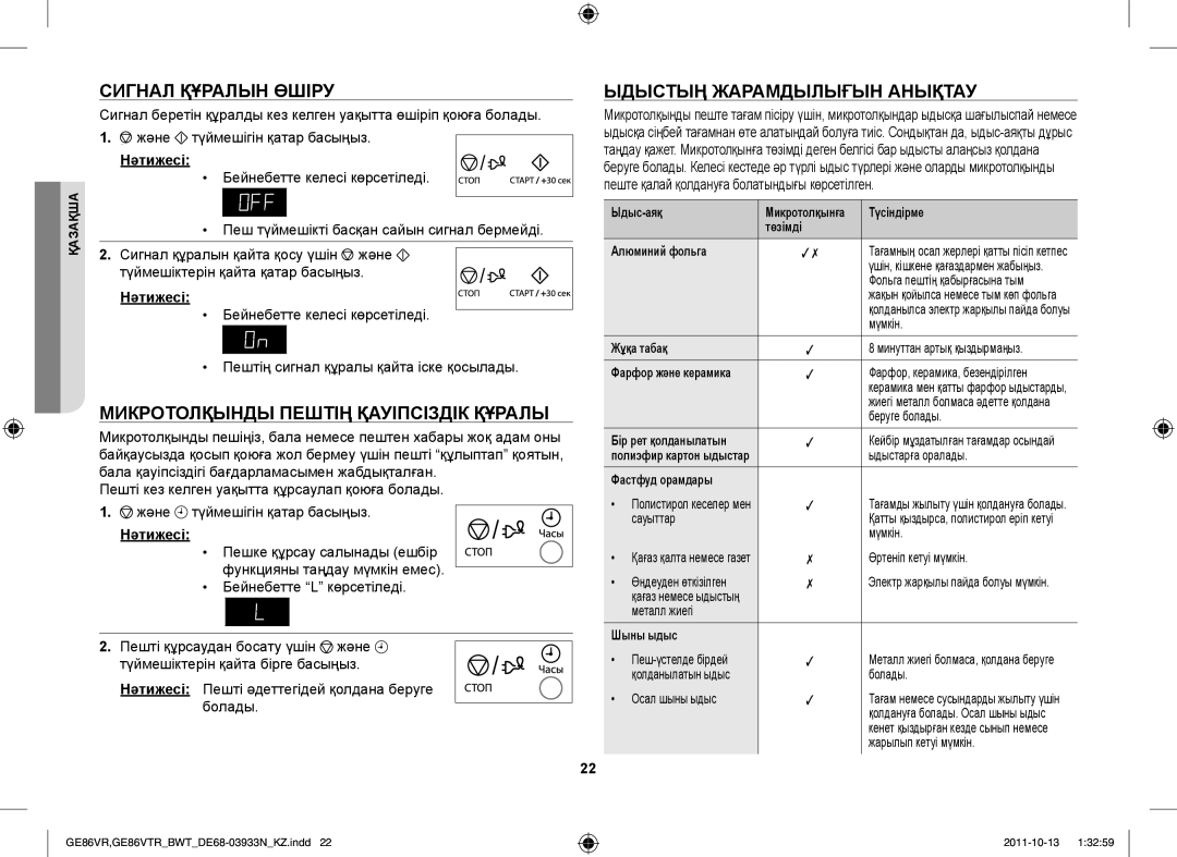 Samsung GE86VTRWWH/BWT manual Сигнал Құралын Өшіру, Микротолқынды Пештің Қауіпсіздік Құралы, Ыдыстың Жарамдылығын Анықтау 